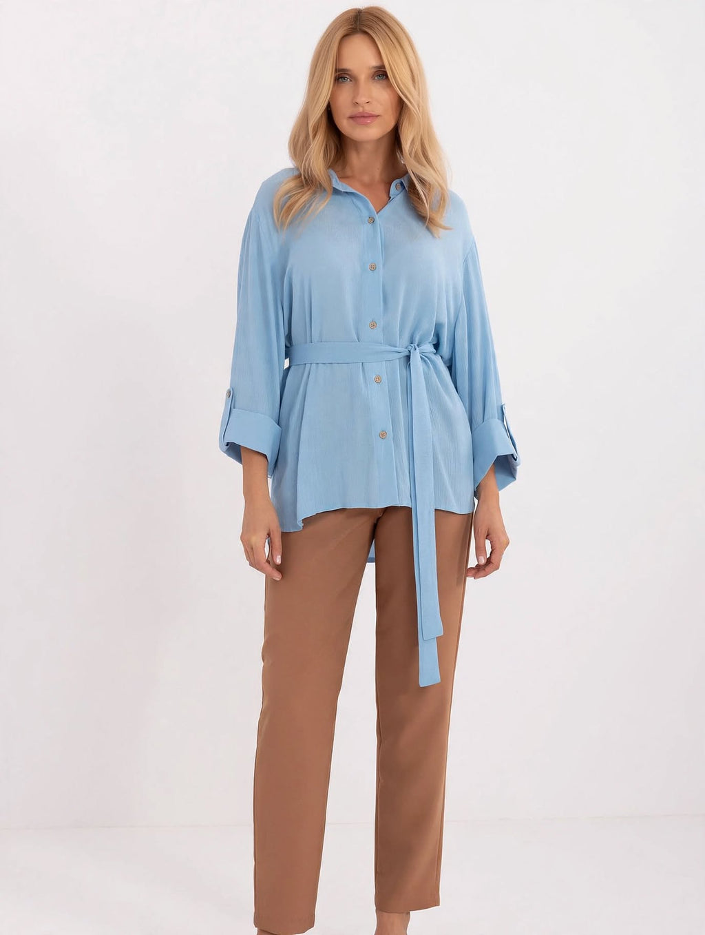 Chemise bleue pour femme Lakerta, en mélange de coton, manches 3/4, style décontracté pour le travail