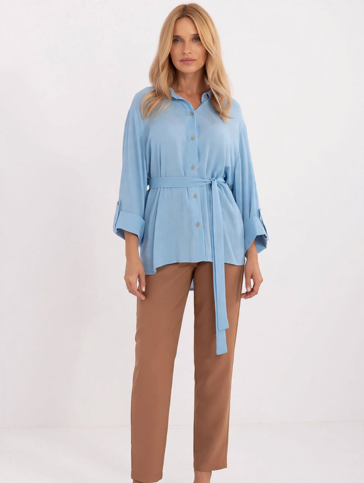 Chemise bleue pour femme Lakerta, en mélange de coton, manches 3/4, style décontracté pour le travail