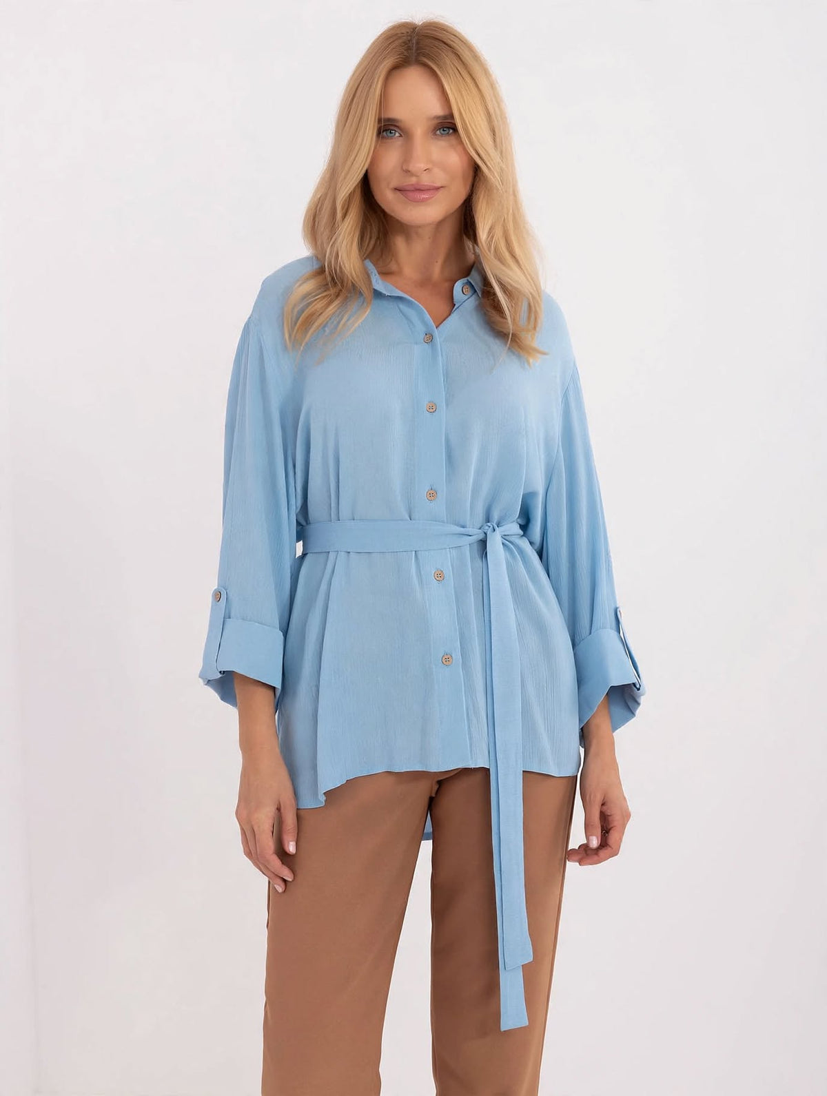Chemise bleue pour femme Lakerta, en mélange de coton, manches 3/4, style décontracté pour le travail