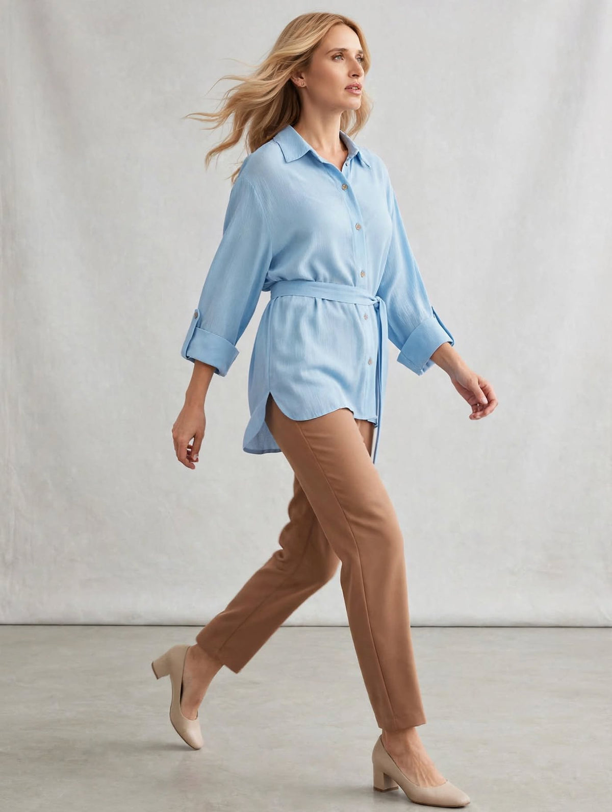 Chemise bleue pour femme Lakerta, en mélange de coton, manches 3/4, style décontracté pour le travail