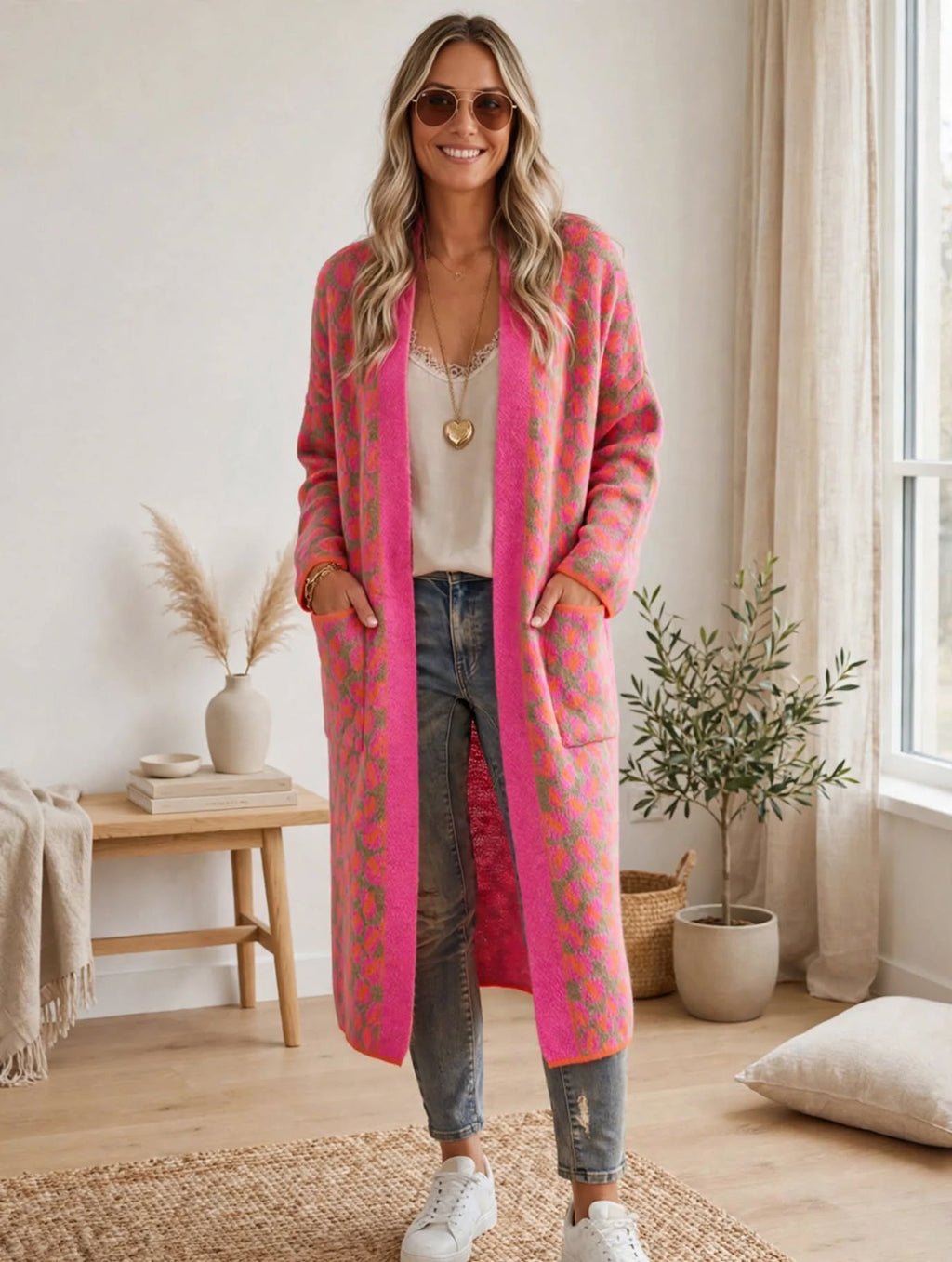 Gilet Long Léopard Rose & Orange - L'Éclat Bohème Chic