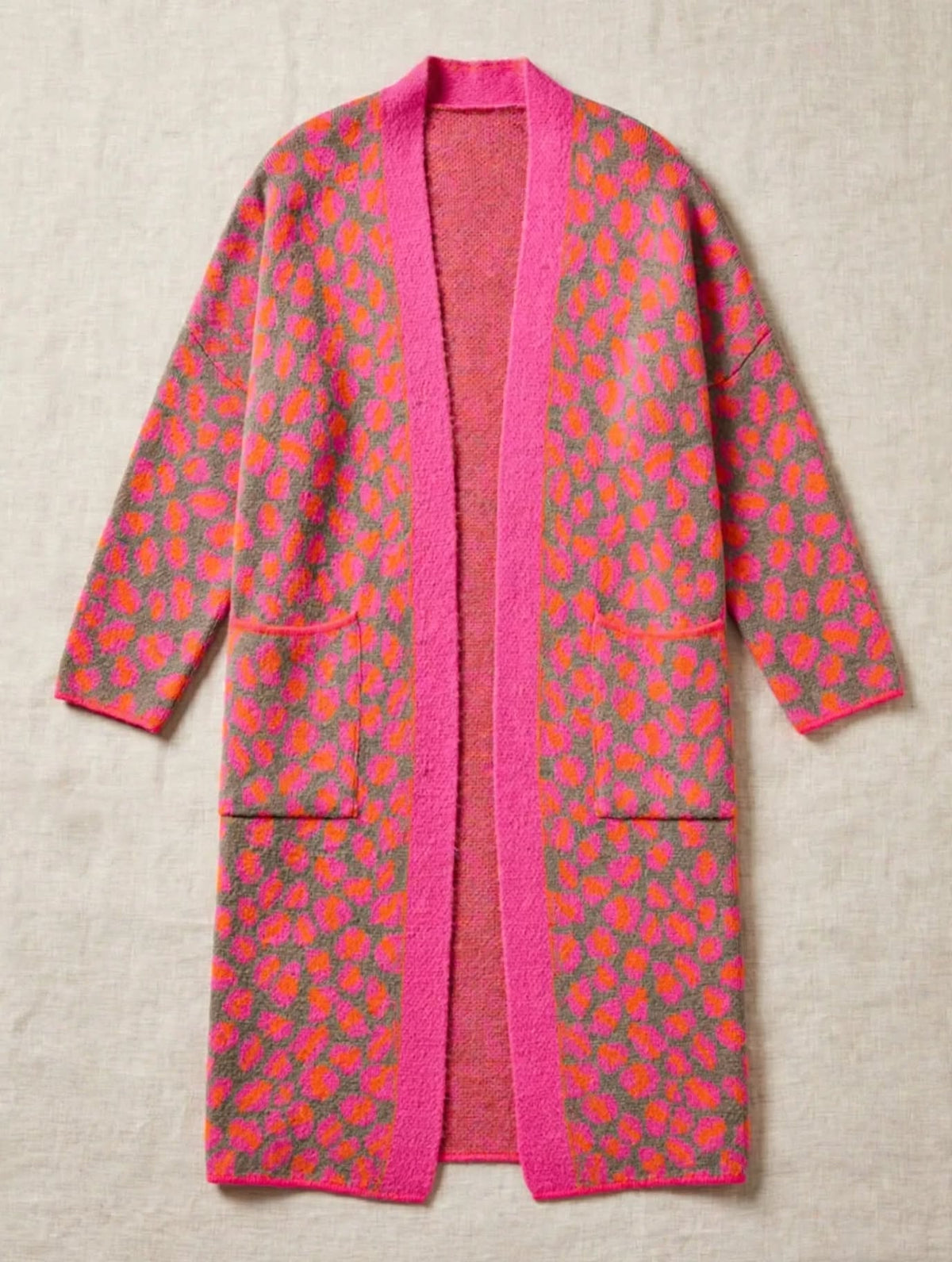 Gilet Long Léopard Rose & Orange - L'Éclat Bohème Chic