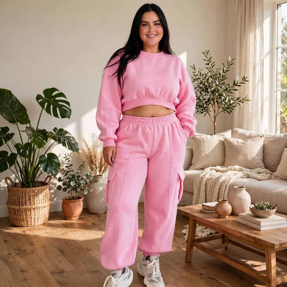 Ensemble pull taille haute et pantalon de survêtement ample pour femme avec poches