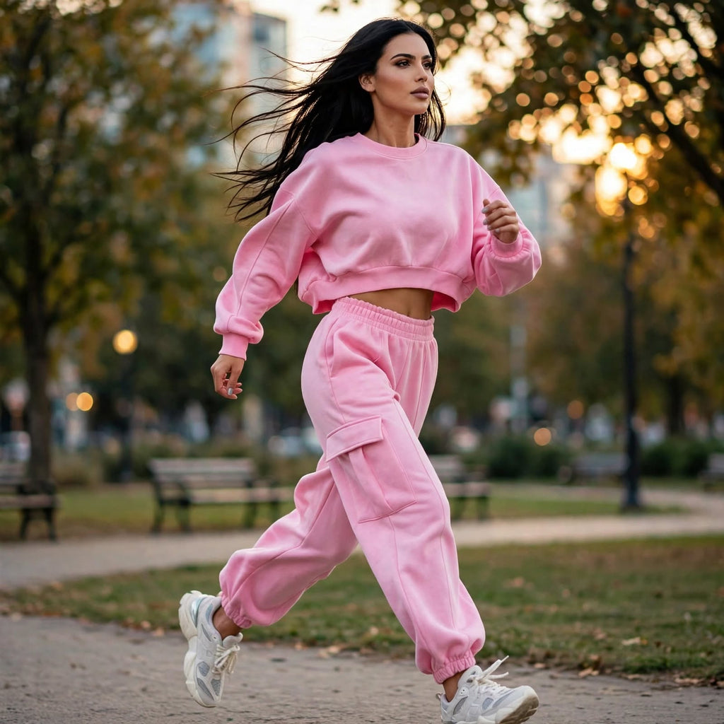 Ensemble pull taille haute et pantalon de survêtement ample pour femme avec poches