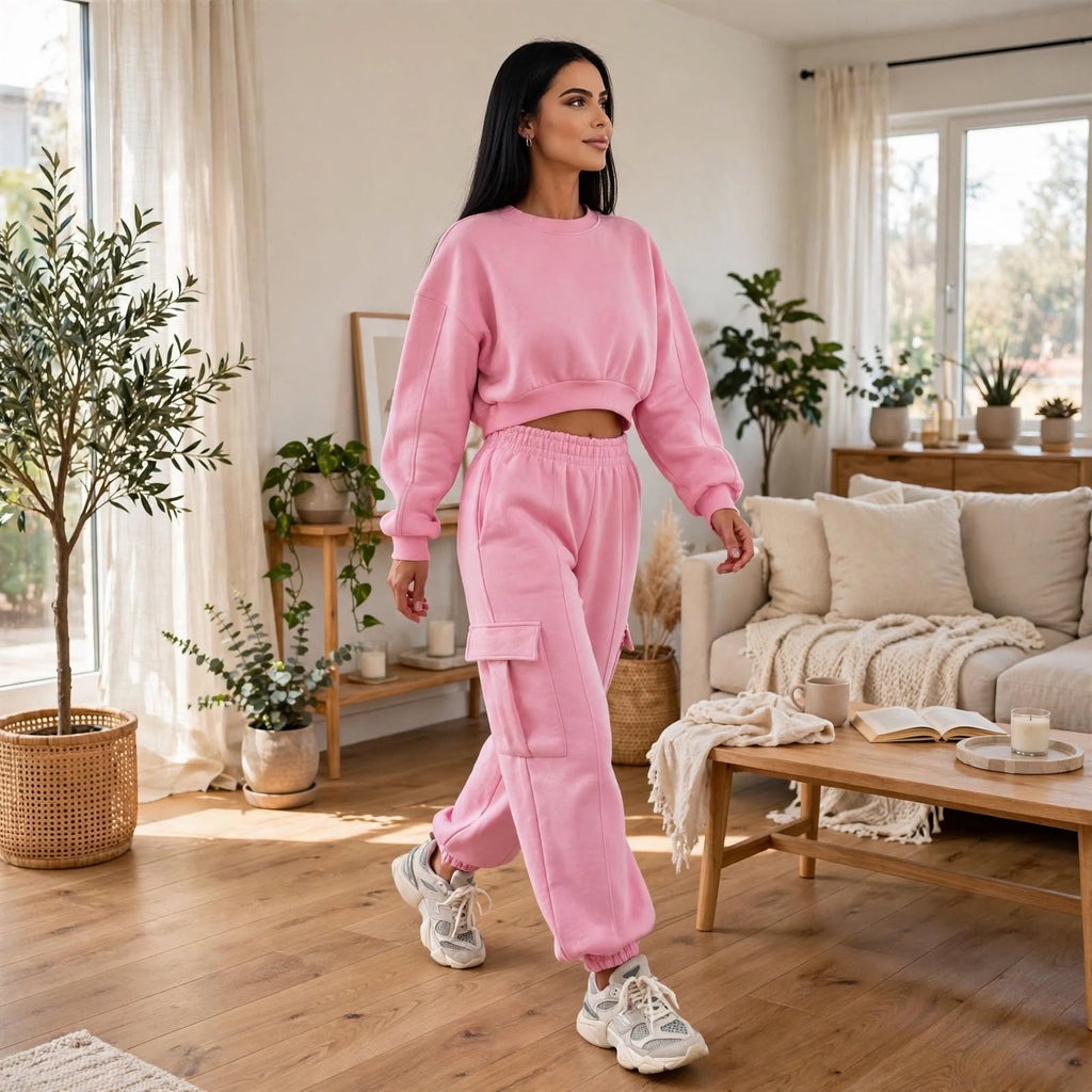Ensemble pull taille haute et pantalon de survêtement ample pour femme avec poches