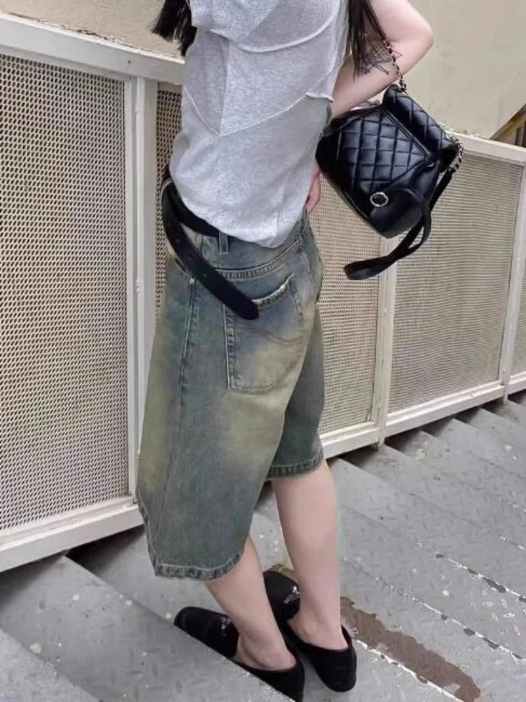 Short en jean taille haute pour femme, tailles S à 4XL, style coréen, streetwear d'été-2