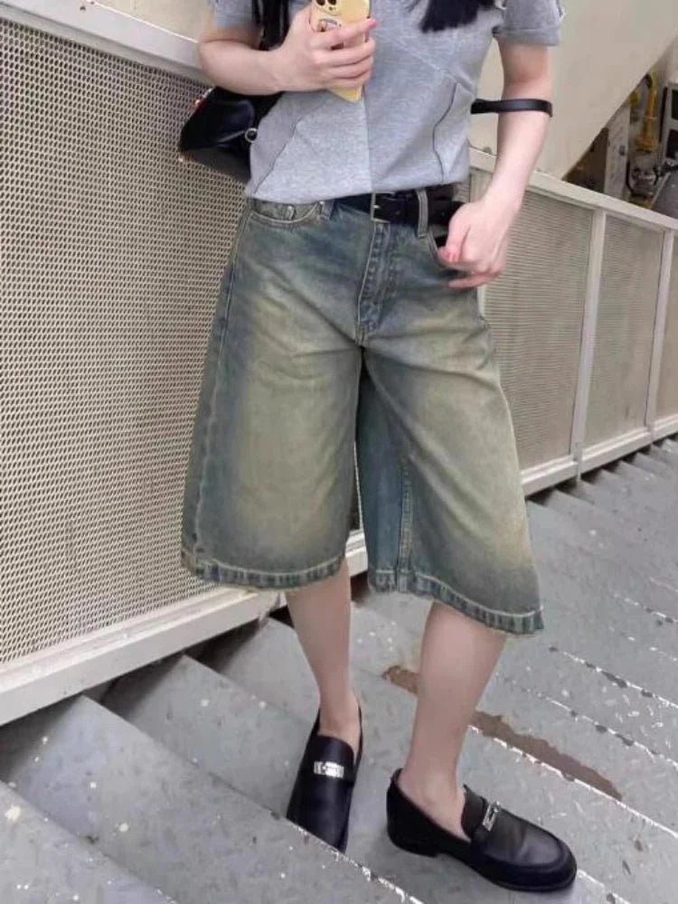 Short en jean taille haute pour femme, tailles S à 4XL, style coréen, streetwear d'été-1