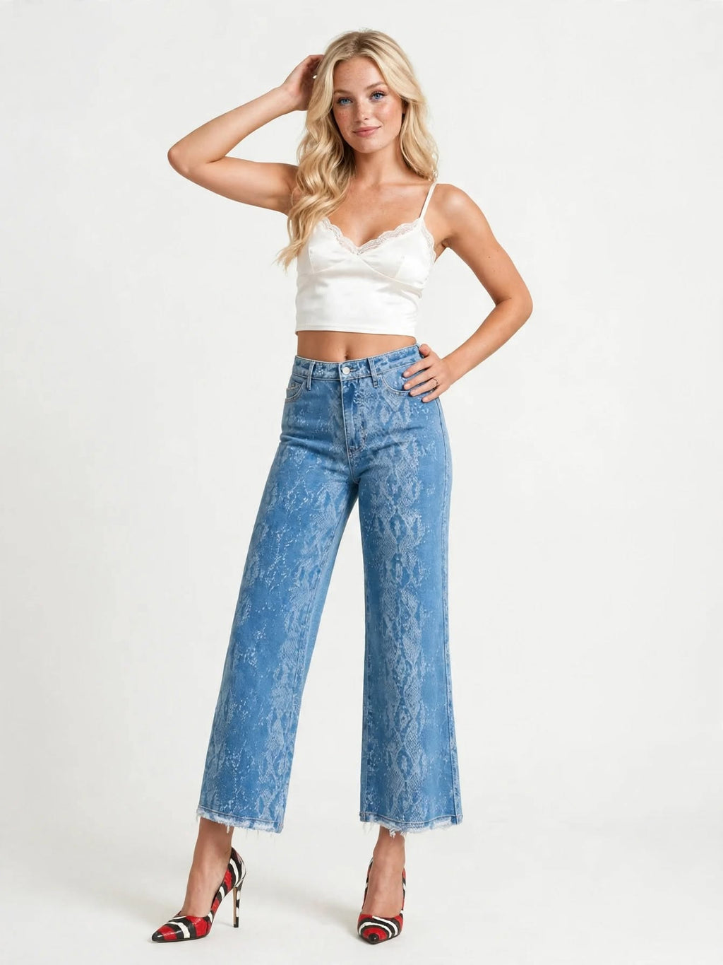 DARING - Vintage blue python print wide-leg jeans - High rise