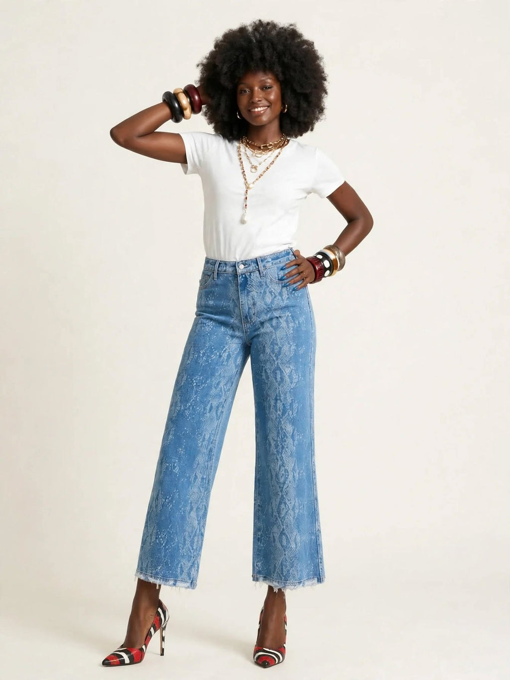 DARING - Vintage blue python print wide-leg jeans - High rise