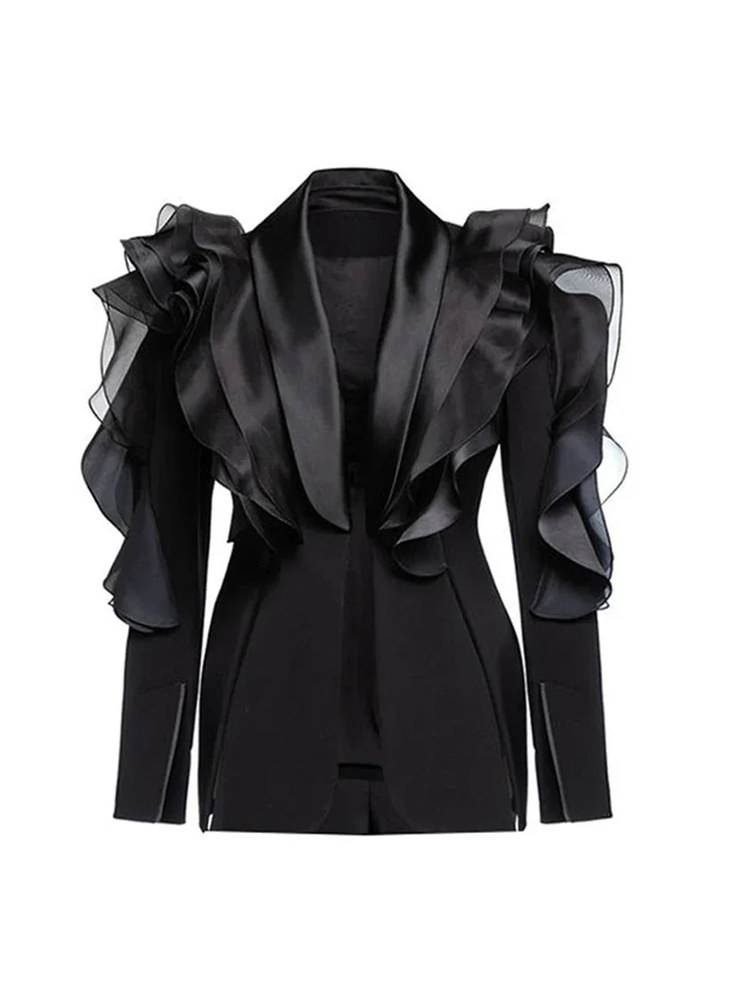 AUDACIOUS - Blazer noir satin à volants organza - Collection Premium