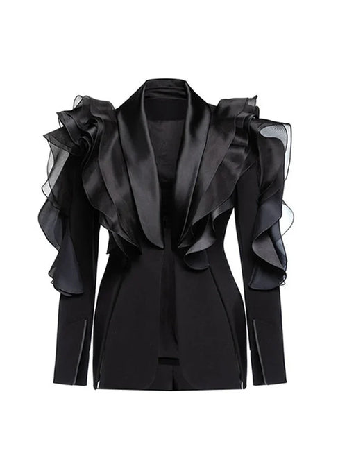 AUDACIOUS - Blazer noir satin à volants organza - Collection Premium
