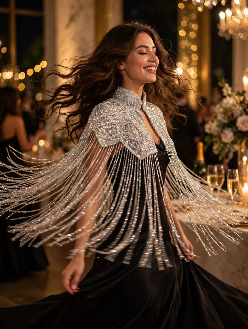 Cape Bijou Haute Couture - Élégance Scintillante et Franges Argentées