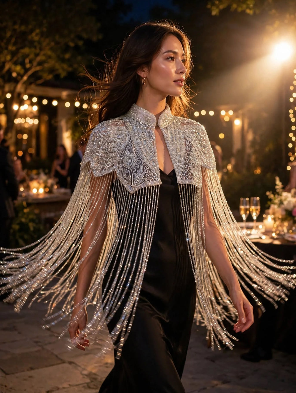 Cape Bijou Haute Couture - Élégance Scintillante et Franges Argentées