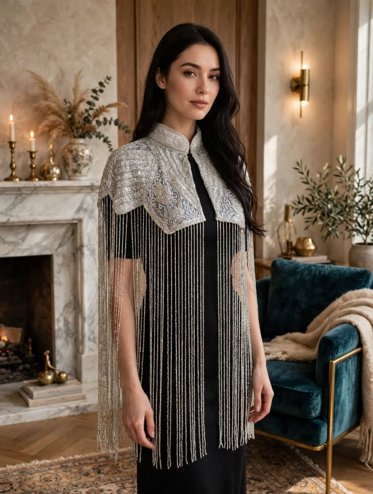 Cape Bijou Haute Couture - Élégance Scintillante et Franges Argentées