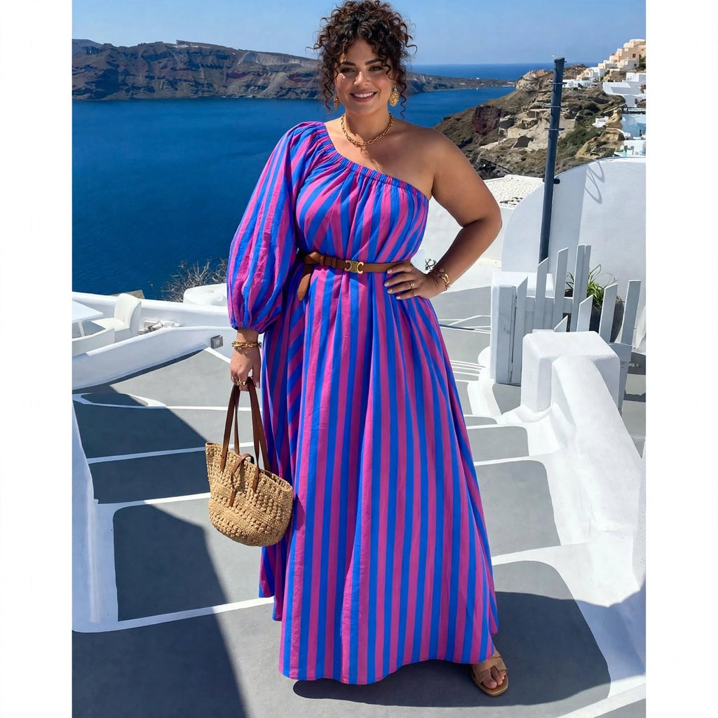 Robe bohème rayée asymétrique mi-longue à taille ajustable