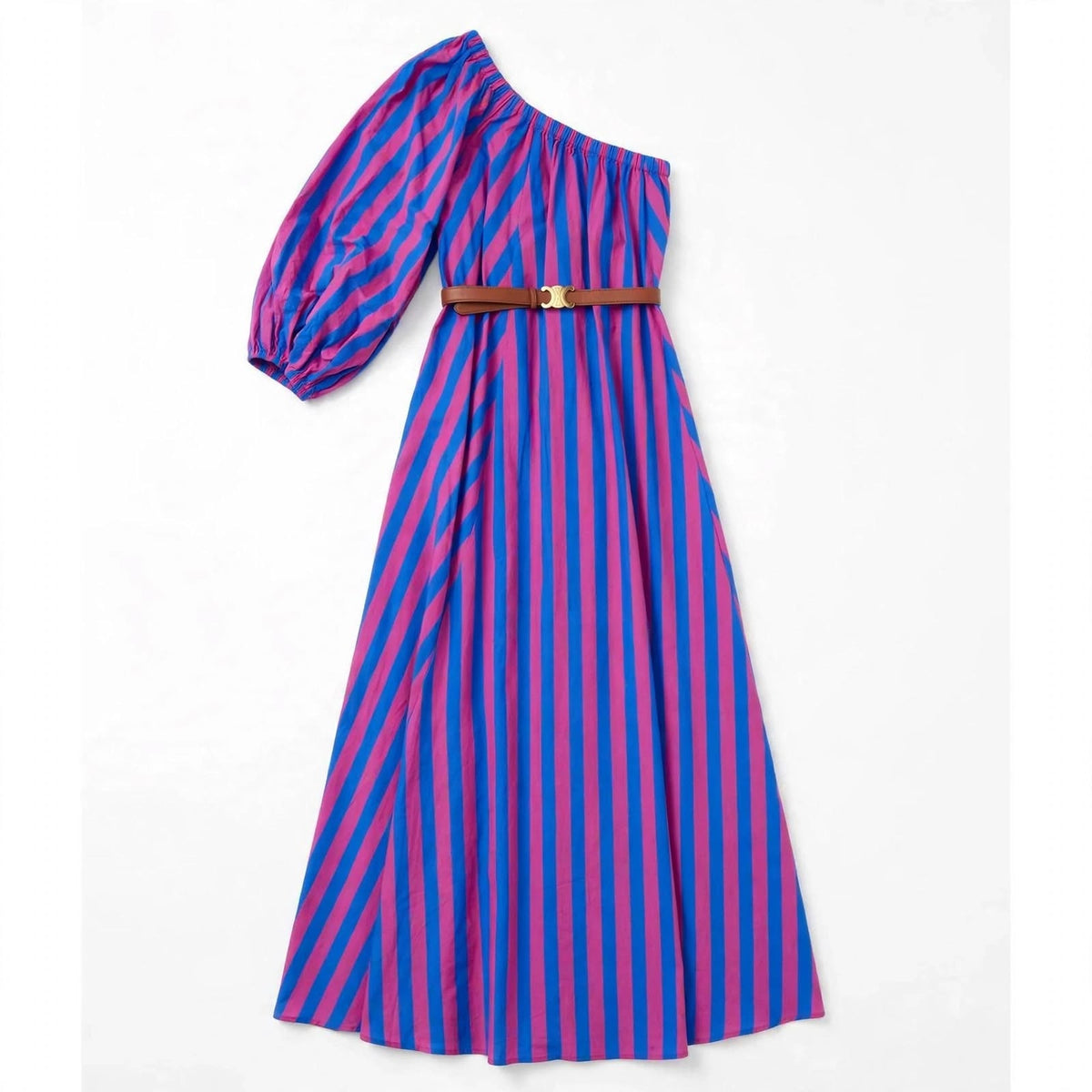 Robe bohème rayée asymétrique mi-longue à taille ajustable