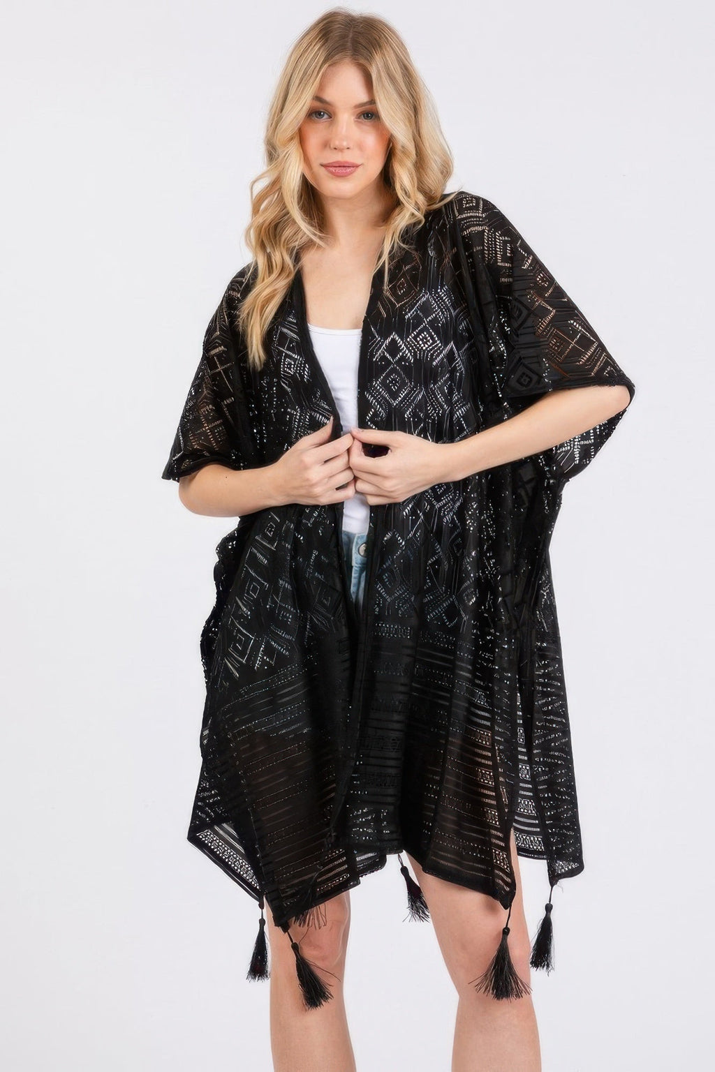 Geometric Pattern Tassel Cover Up-0