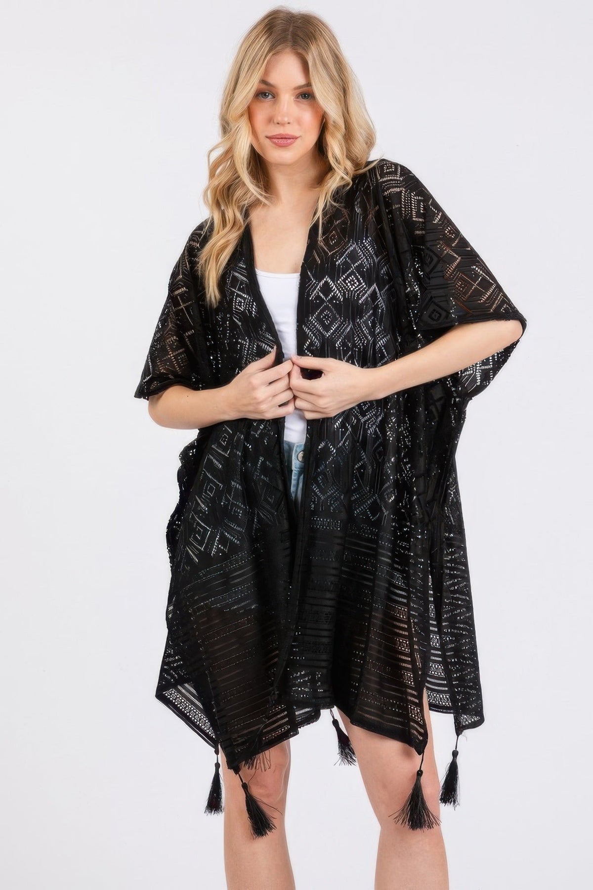 Geometric Pattern Tassel Cover Up-0