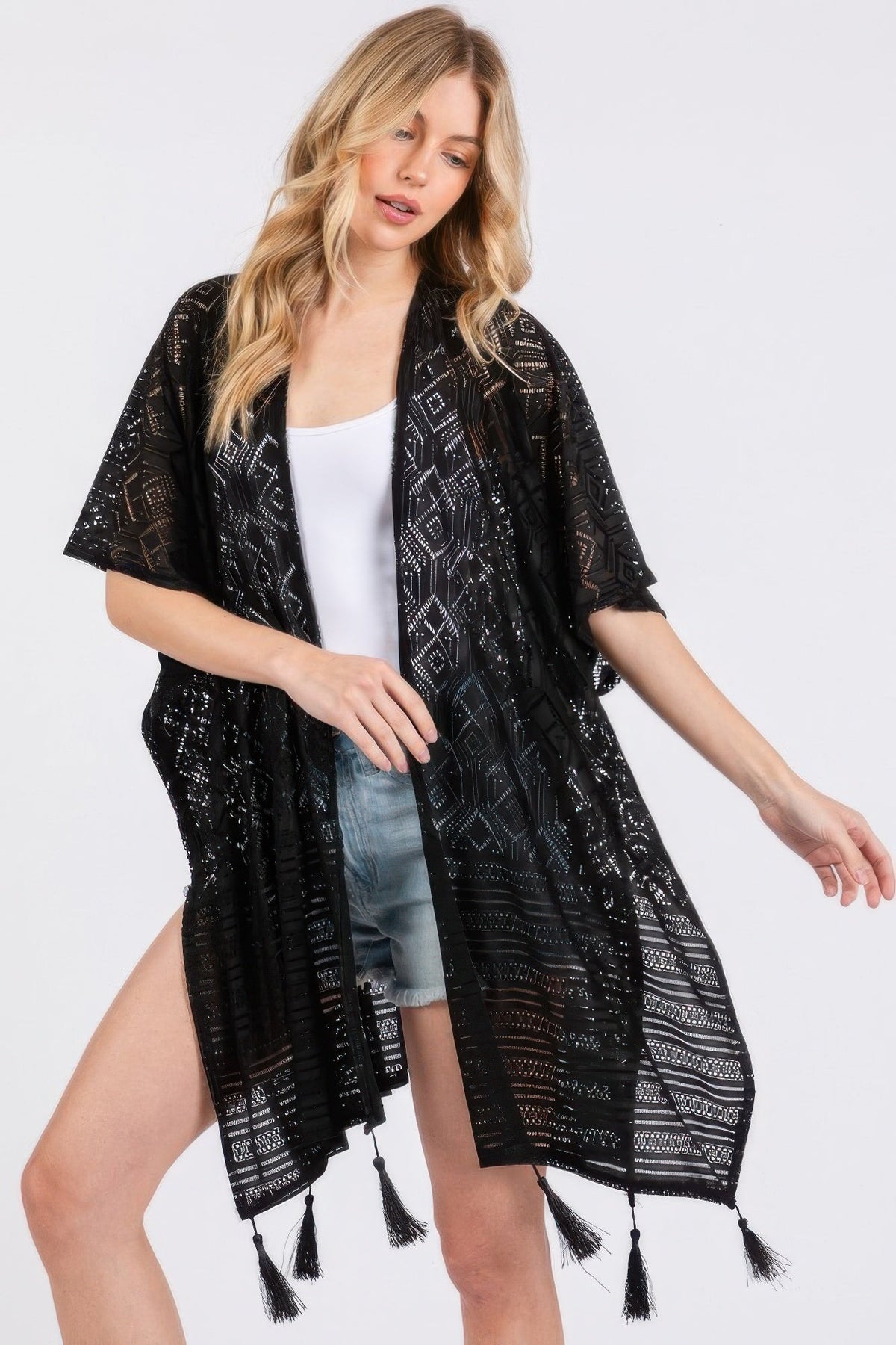 Geometric Pattern Tassel Cover Up-1