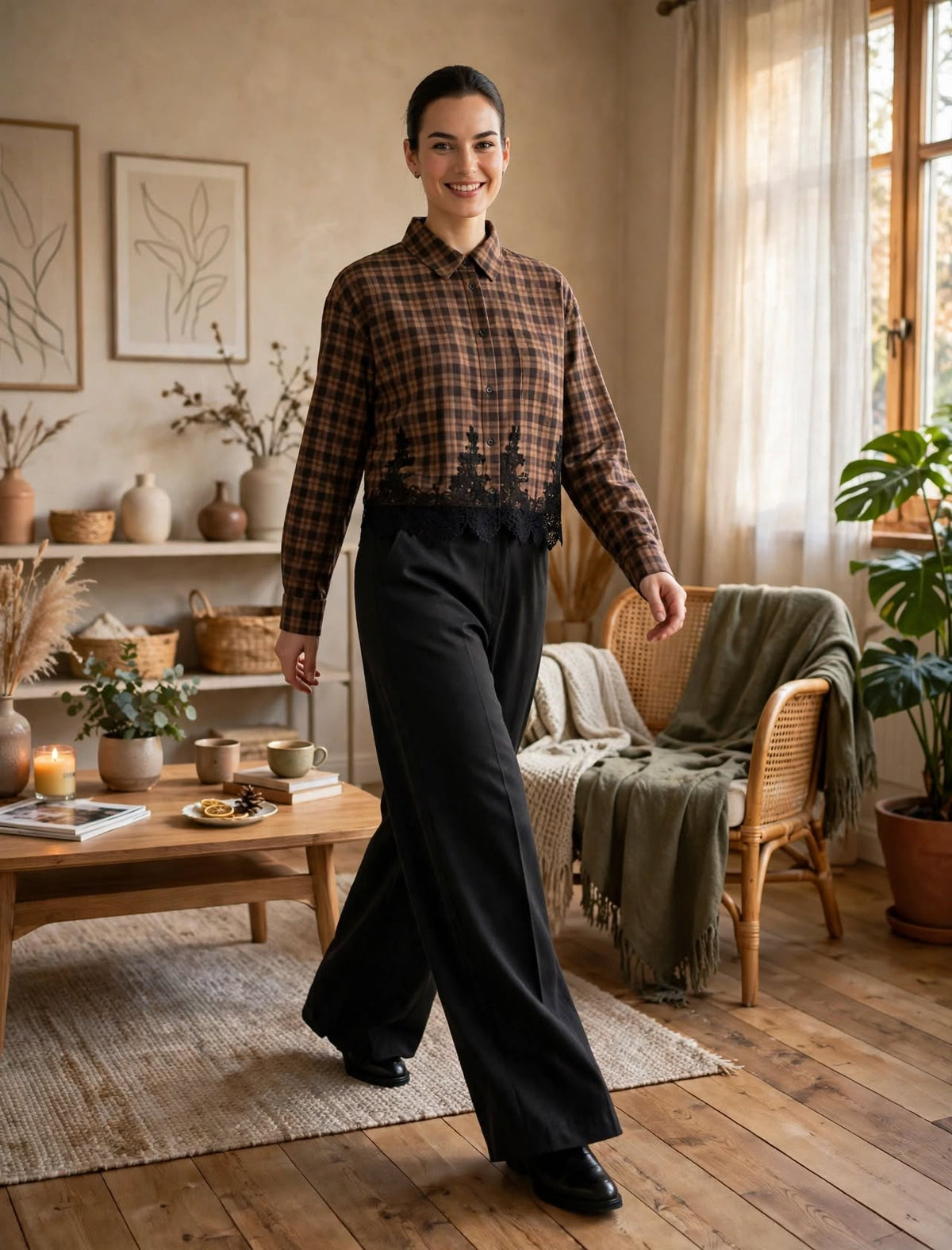 Chemise à Carreaux et Détails Dentelle - L'Incontournable Chic