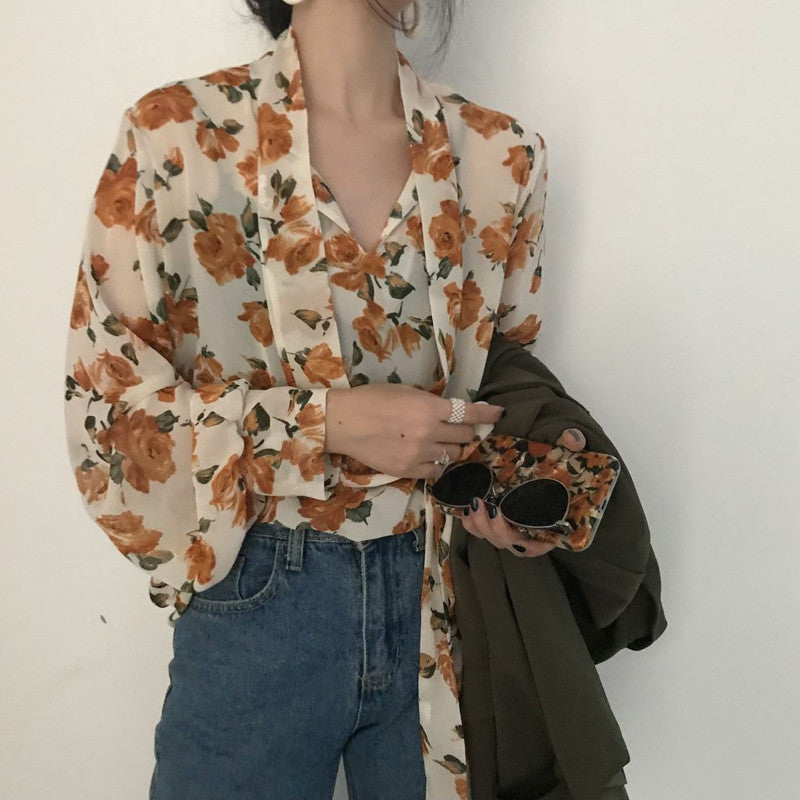 Haut rétro pour femme en mousseline à motif floral, avec laçage – Chemisier vintage pour le printemps et l'automne-4