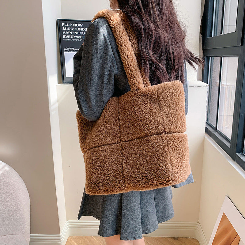 Sac cabas en peluche pour femme, grande capacité, sac à main d'hiver, sac à bandoulière-1