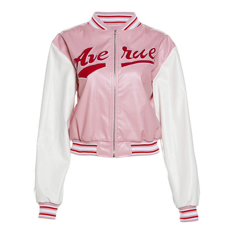 Veste de baseball rose décontractée, coupe ajustée, patchwork brodé-5