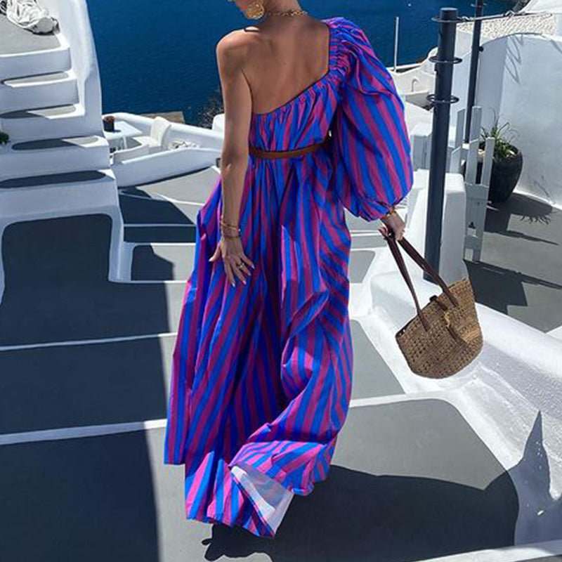 Robe bohème rayée asymétrique mi-longue à taille ajustable-4