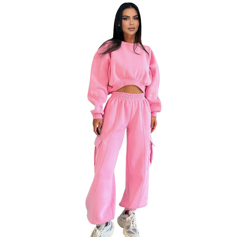 Ensemble pull taille haute et pantalon de survêtement ample pour femme avec poches-3