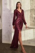 Robe de Soirée Longue Sequins Lilas - Manches Longues Fendue - CDB8422