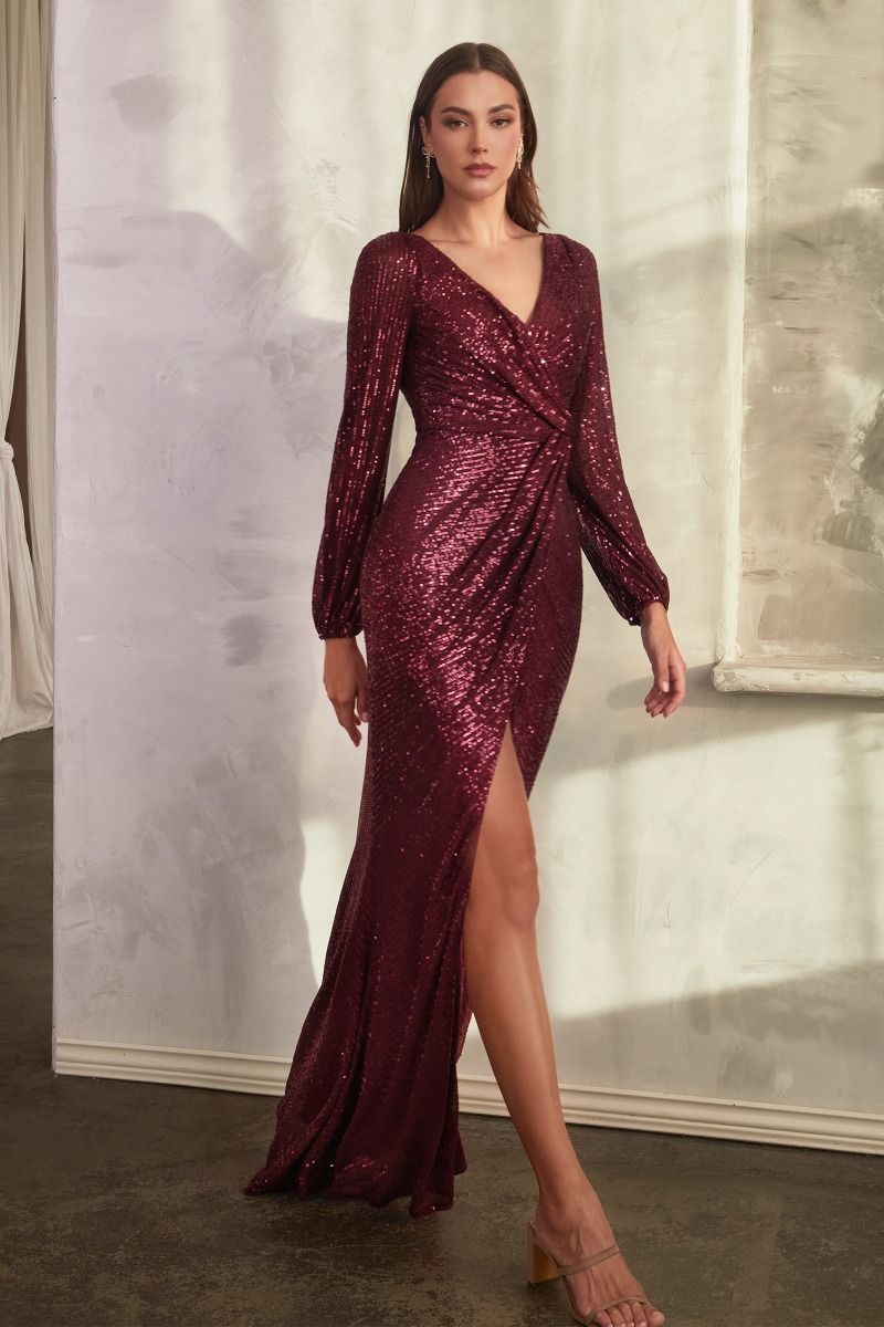 Robe de Soirée Longue Sequins Lilas - Manches Longues Fendue - CDB8422