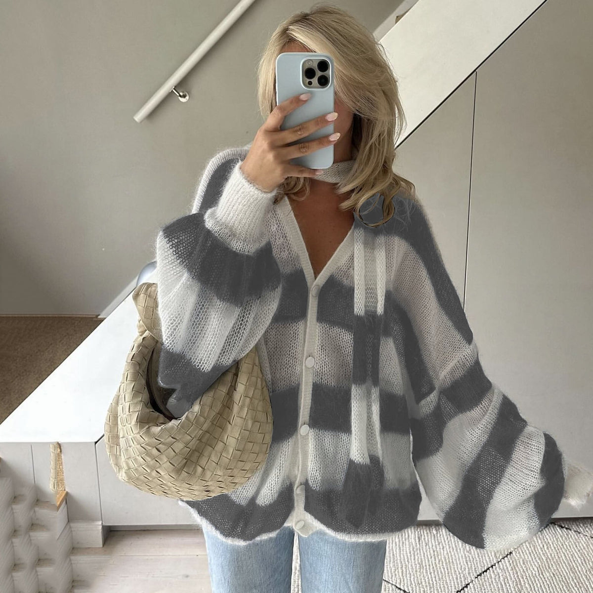Ensemble deux pièces cardigan rayé ample et écharpe - Taille unique-7