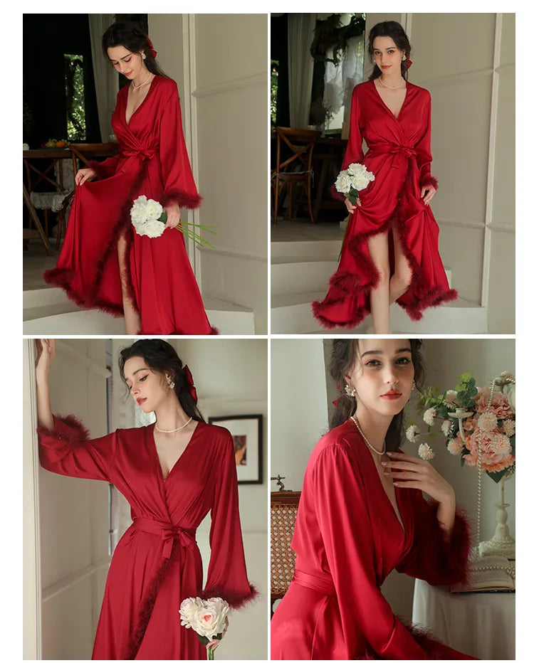 Robe de Nuit Longue en Satin à Plumes — Nuisette Chic Manches Trois-Quarts