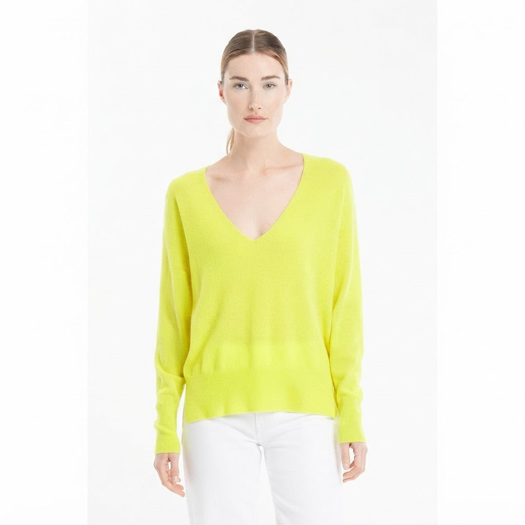 Pull col V femme en cachemire jaune fluo - RIA 3
