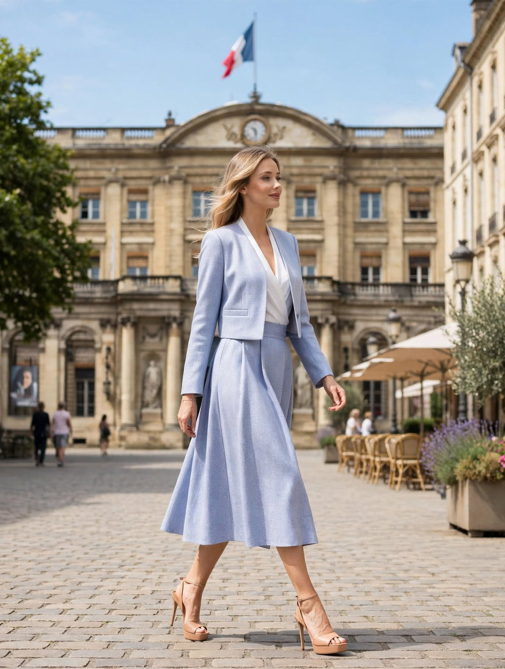 Ensemble tailleur bleu ciel tweed léger – veste courte & jupe midi plissée