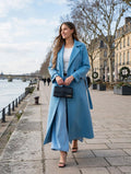 Manteau Long Bleu Ciel Ceinturé Femme