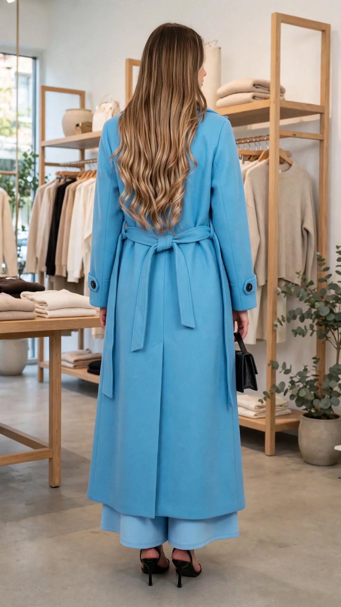 Manteau Long Bleu Ciel Ceinturé Femme