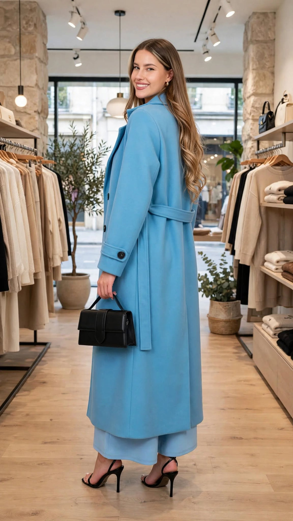 Manteau Long Bleu Ciel Ceinturé Femme
