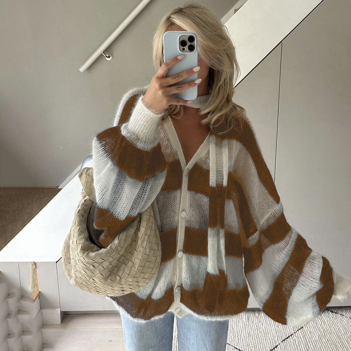Ensemble deux pièces cardigan rayé ample et écharpe - Taille unique-8