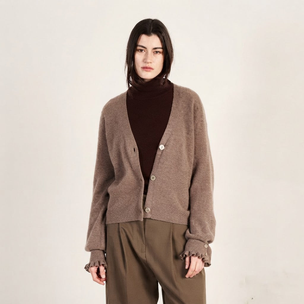 Cardigan col V femme en cachemire & laine marron clair - KELLY 28