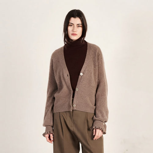 Cardigan col V femme en cachemire & laine marron clair - KELLY 28