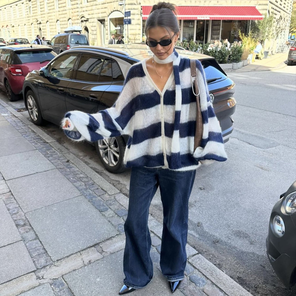 Ensemble deux pièces cardigan rayé ample et écharpe - Taille unique-1