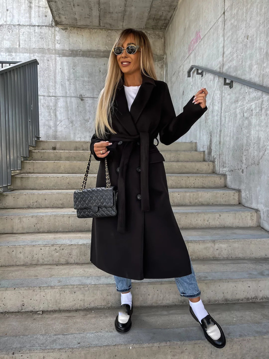 Manteau d'hiver décontracté à manches longues et ceinture croisée pour femme-5