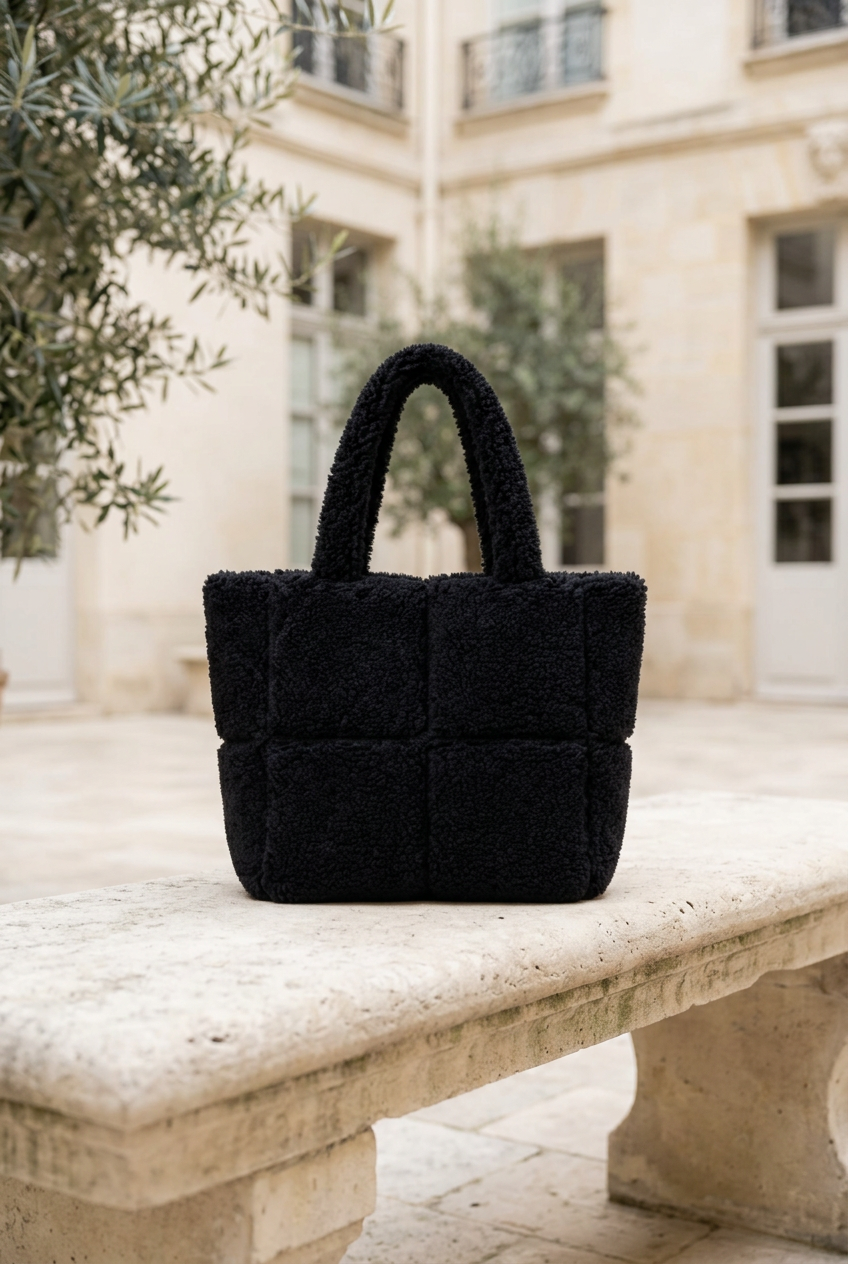 Cabas noir en peluche dans une cour en pierre crème