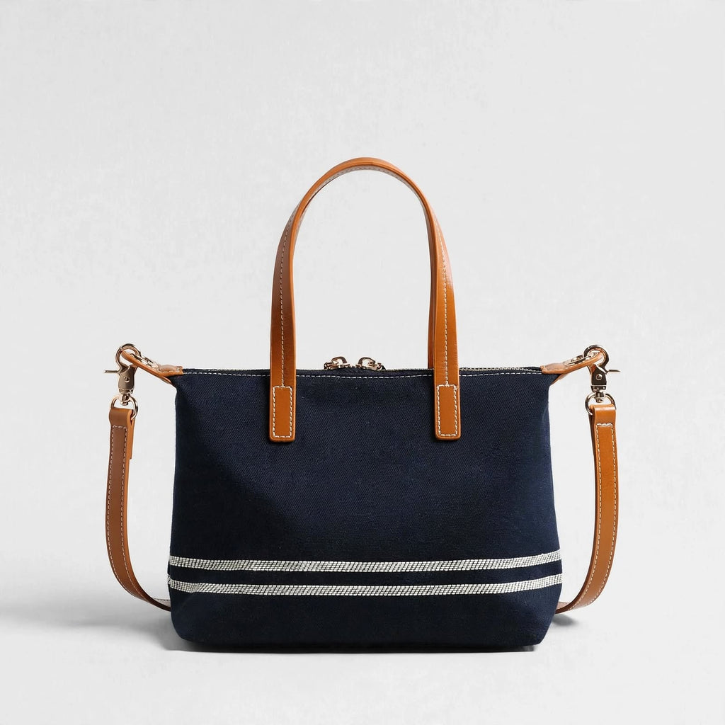 RIVIERA – Mini-Tote Canvas Navy & Leder Cognac – Umwandelbare Umhängetasche