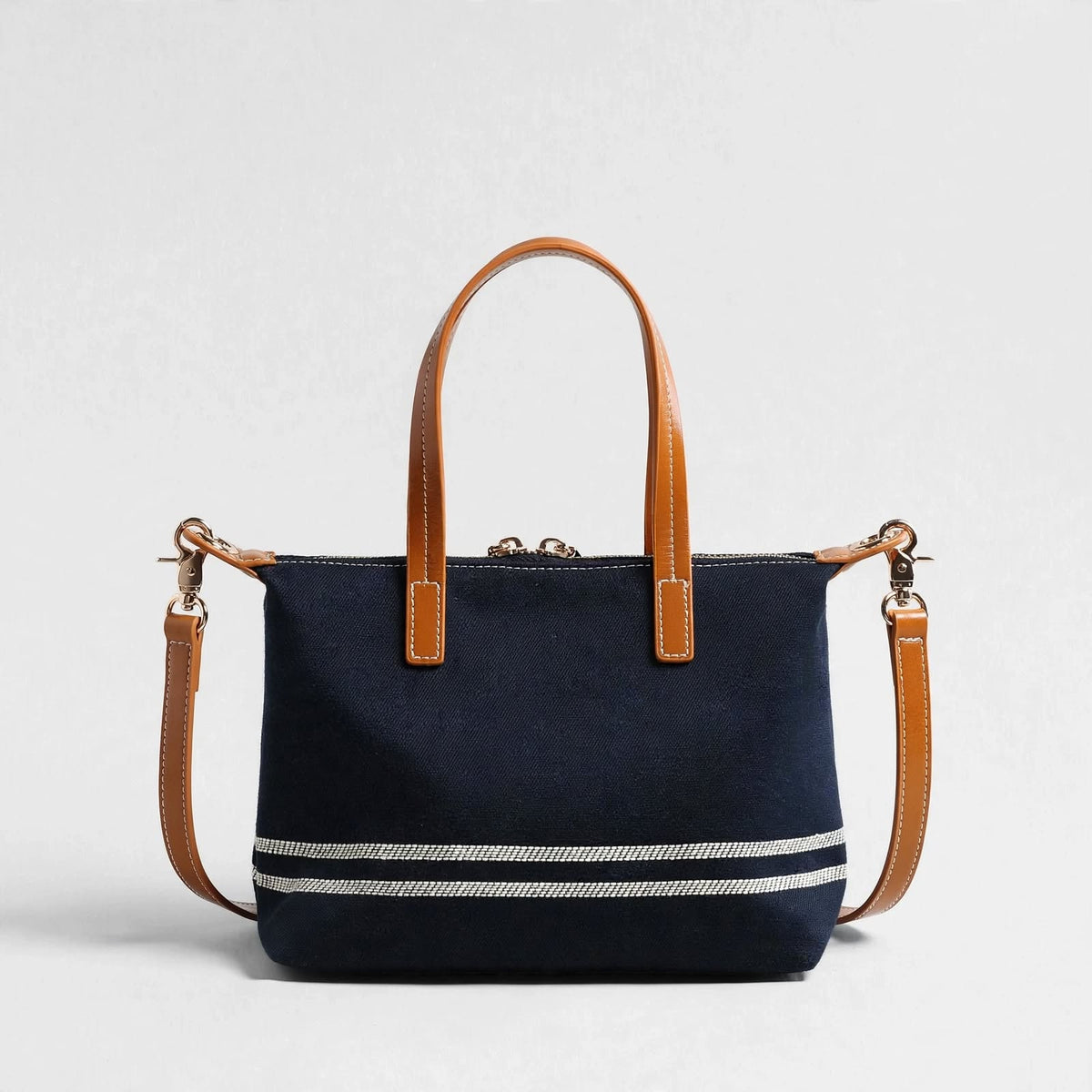 RIVIERA – Mini-Tote Canvas Navy & Leder Cognac – Umwandelbare Umhängetasche