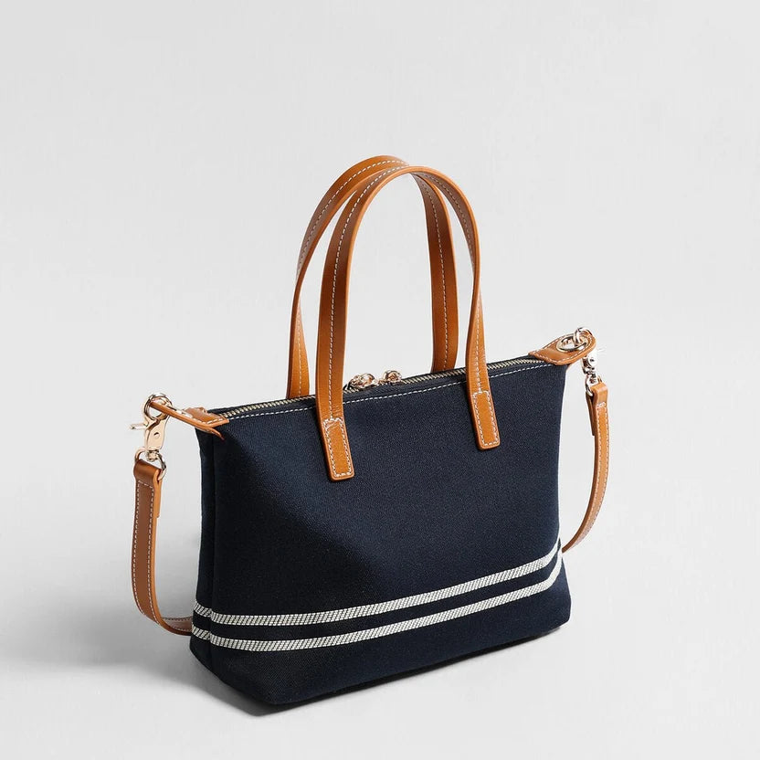 RIVIERA – Mini-Tote Canvas Navy & Leder Cognac – Umwandelbare Umhängetasche