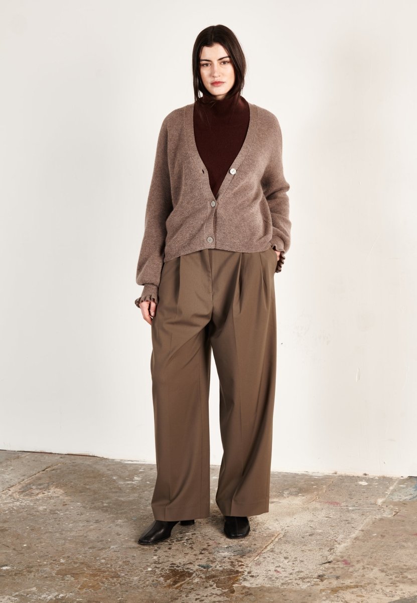 Cardigan col V femme en cachemire & laine marron clair - KELLY 28-2