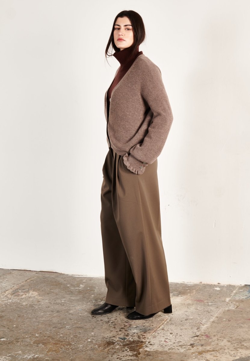 Cardigan col V femme en cachemire & laine marron clair - KELLY 28-1
