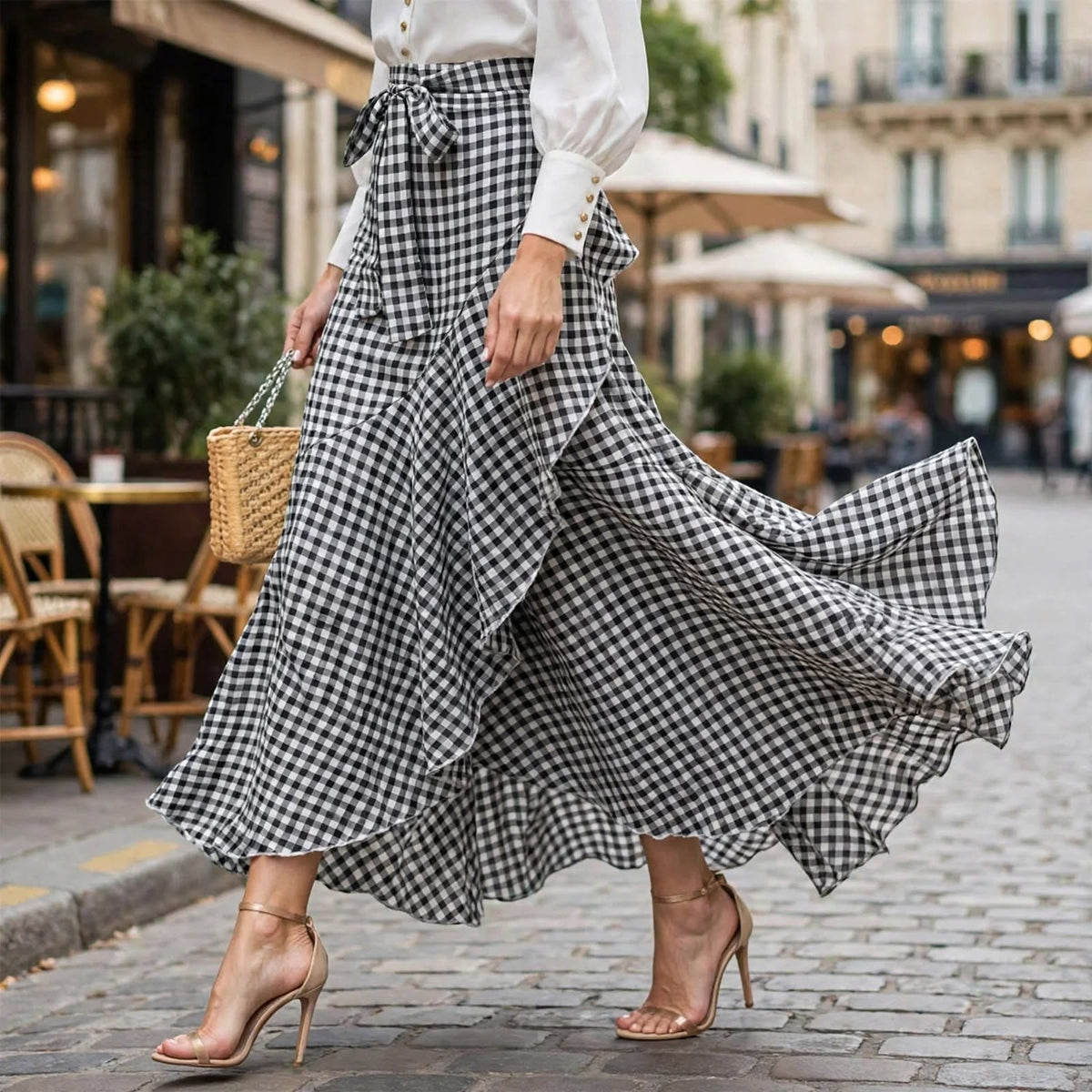 Jupe Longue à Volants Vichy - Éléance Bohème et Taille Haute